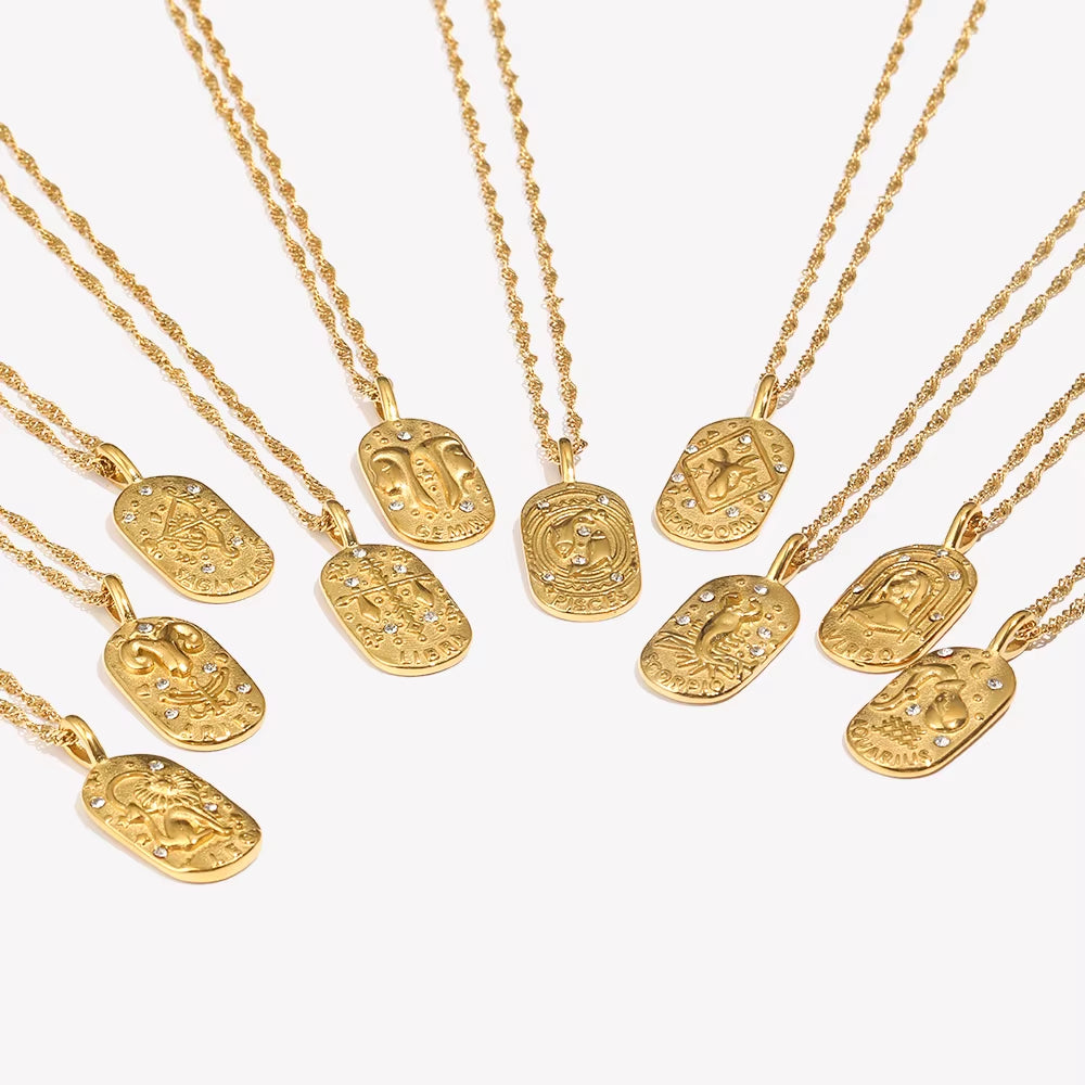 Trendy Square Stainless Steel Necklace for Women, Embossed 12 Zodiac Sign Pendant, PVD Gold Plating Jewelry