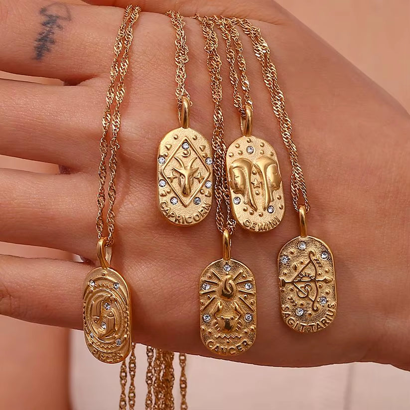 Trendy Square Stainless Steel Necklace for Women, Embossed 12 Zodiac Sign Pendant, PVD Gold Plating Jewelry