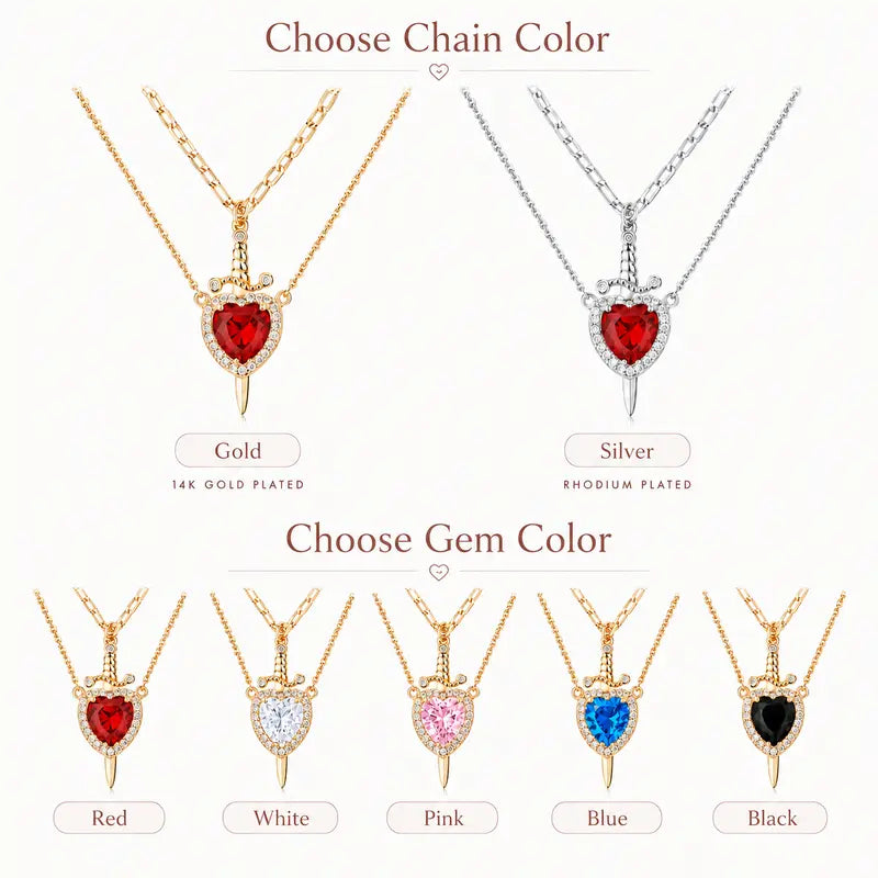 Dainty 14K Gold Plated Heart & Cross Dagger Pendant Necklace with Cubic Zirconia