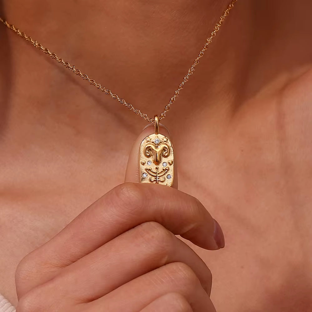 Trendy Square Stainless Steel Necklace for Women, Embossed 12 Zodiac Sign Pendant, PVD Gold Plating Jewelry