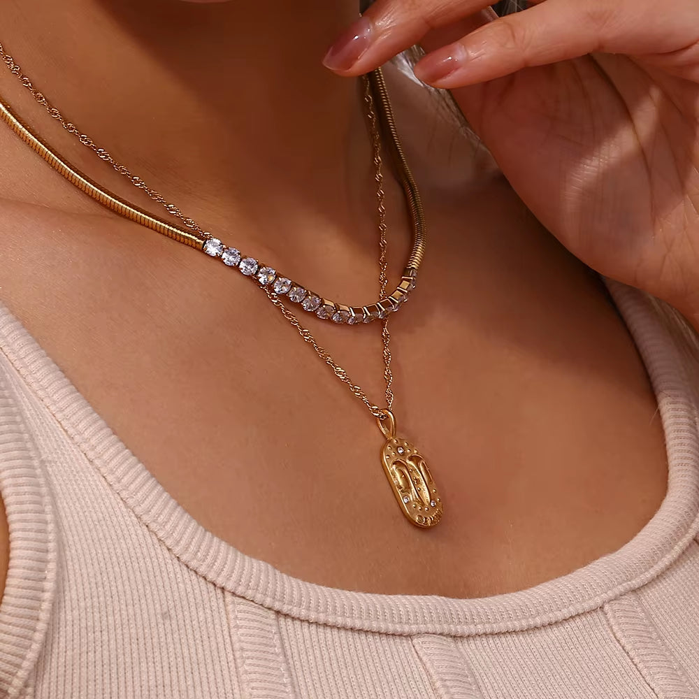 Trendy Square Stainless Steel Necklace for Women, Embossed 12 Zodiac Sign Pendant, PVD Gold Plating Jewelry