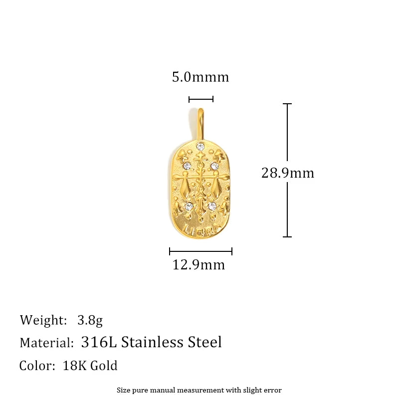 Trendy Square Stainless Steel Necklace for Women, Embossed 12 Zodiac Sign Pendant, PVD Gold Plating Jewelry