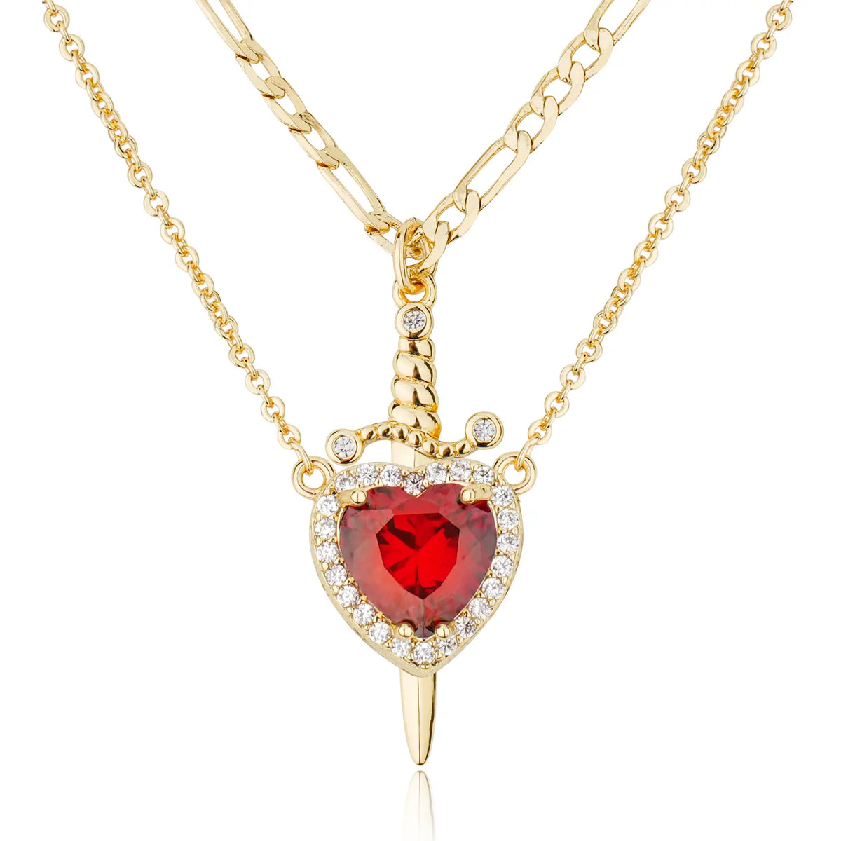 Dainty 14K Gold Plated Heart & Cross Dagger Pendant Necklace with Cubic Zirconia