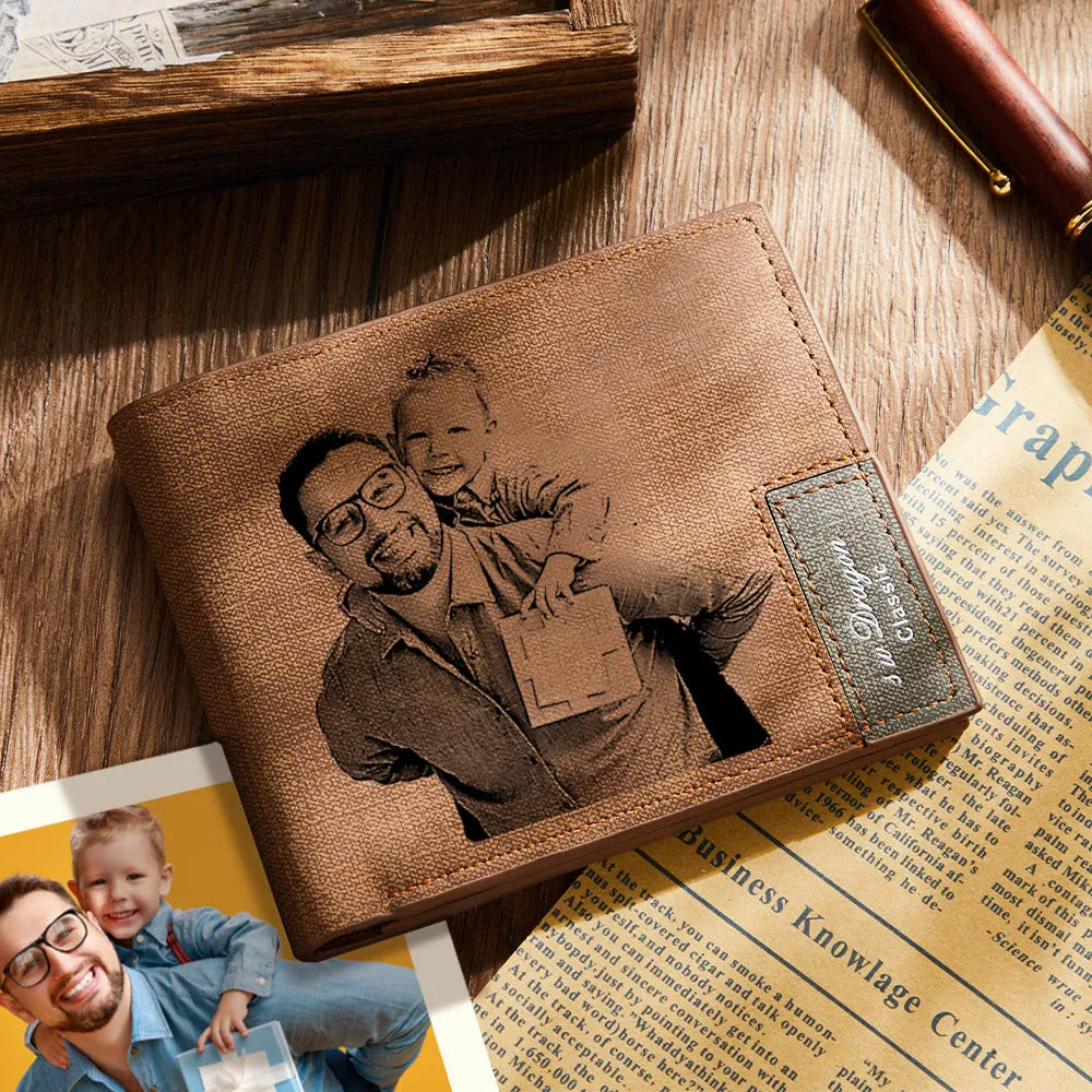 Custom Photo Engraved Genuine Leather Wallet for Men, Personalized Picture Purse Sentimental Gift for Dad, Grandpa & Friends
