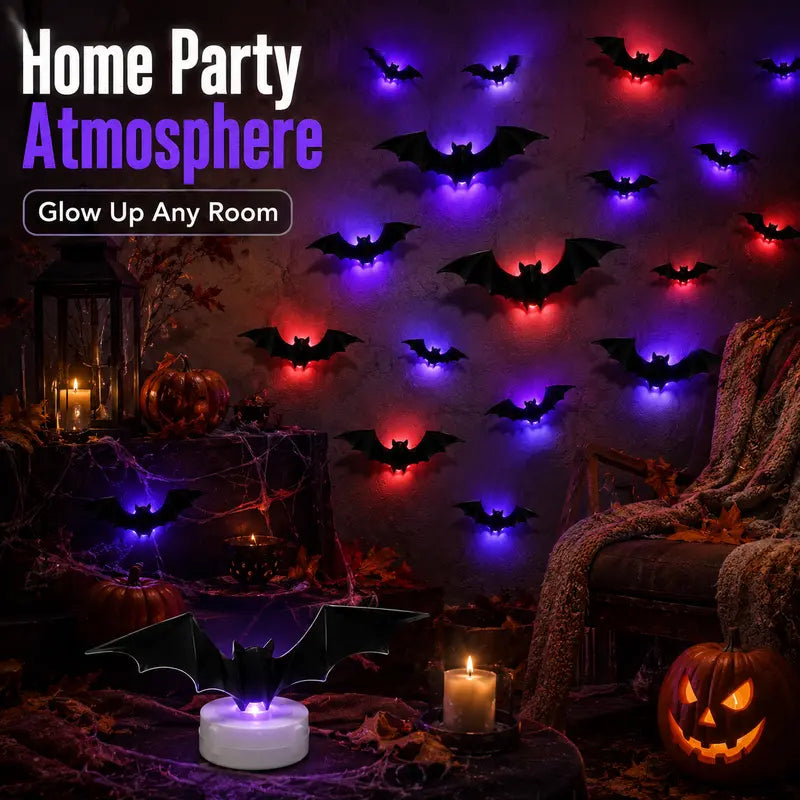 3D Bat LED Light Halloween Decorations, 12/24 Pack Spooky Glowing Ornaments, Bendable Bubble-Free Wall Stickers, Battery Powered Easy Install Indoor Decor for Home Party Window Door Festival