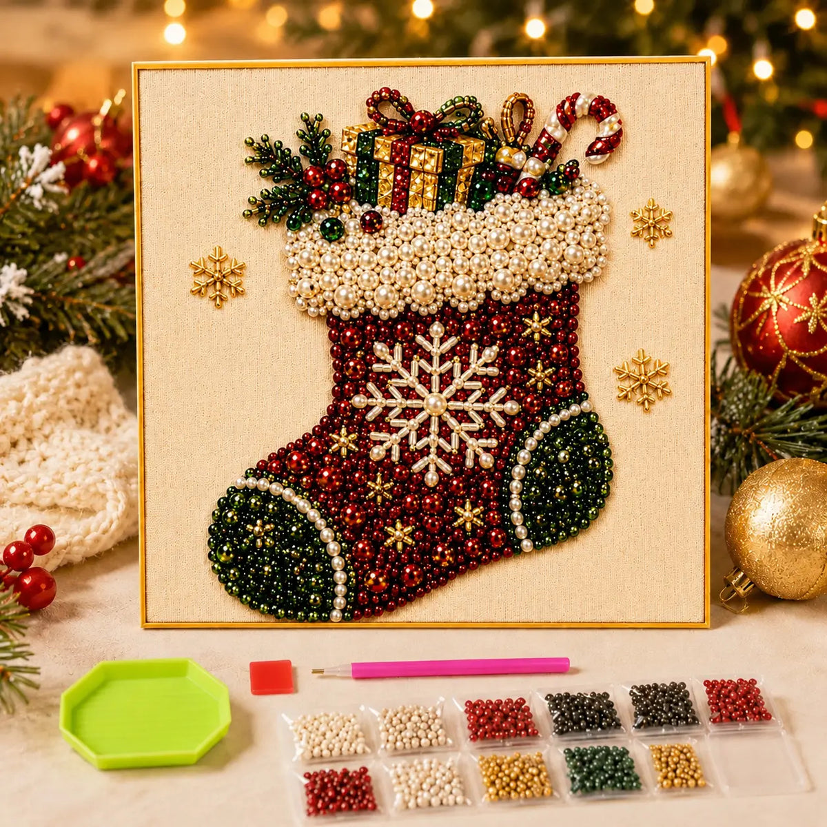 Frameless 3D Beaded Pearl Christmas Diamond Painting DIY Kit, Xmas Wreath Stocking Mosaic Art, Stress Relief Craft for Home Wall Decoration