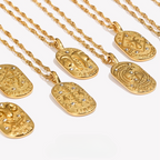 Trendy Square Stainless Steel Necklace for Women, Embossed 12 Zodiac Sign Pendant, PVD Gold Plating Jewelry