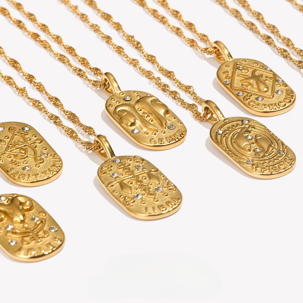 Trendy Square Stainless Steel Necklace for Women, Embossed 12 Zodiac Sign Pendant, PVD Gold Plating Jewelry
