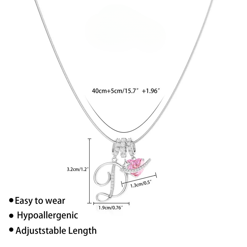 Personalized 3 Layered Initial Necklace for Women | 925 Sterling Silver Pink Heart CZ | Adjustable Snake Chain Choker | Custom Dainty Jewelry Gift