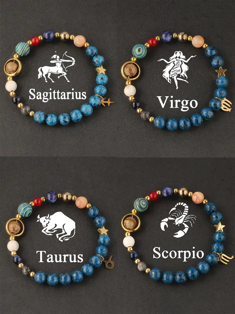 12 Zodiac Artificial Crystal Beaded Bracelet with Charms | Unisex Fashion Jewelry
