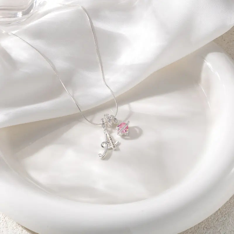 Personalized 3 Layered Initial Necklace for Women | 925 Sterling Silver Pink Heart CZ | Adjustable Snake Chain Choker | Custom Dainty Jewelry Gift