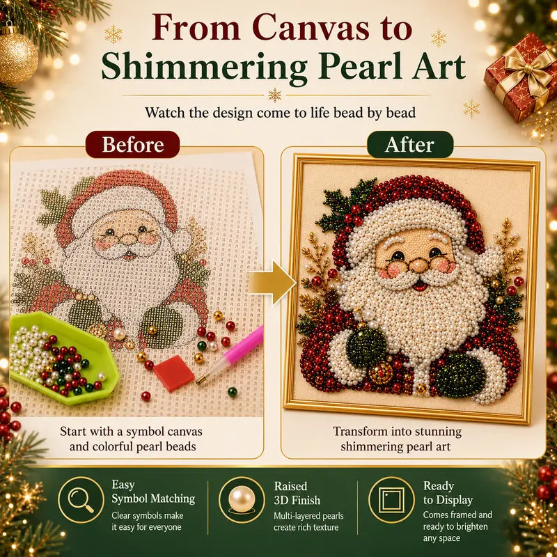Frameless 3D Beaded Pearl Christmas Diamond Painting DIY Kit, Xmas Wreath Stocking Mosaic Art, Stress Relief Craft for Home Wall Decoration