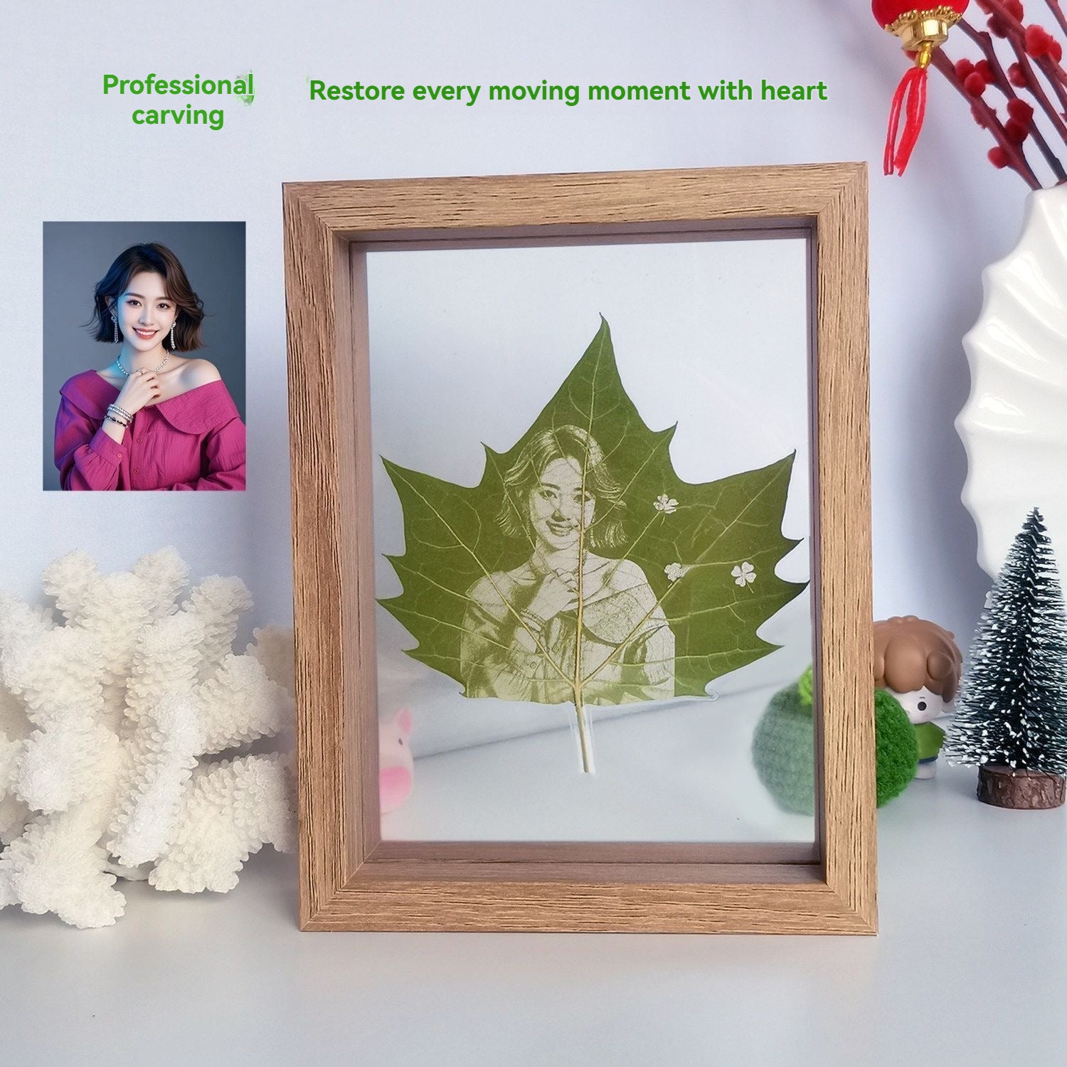 Custom Leaf Carving Artwork, Personalized Photo Engraved on Natural Platanus Leaf, Framed Souvenir Keepsake Gift