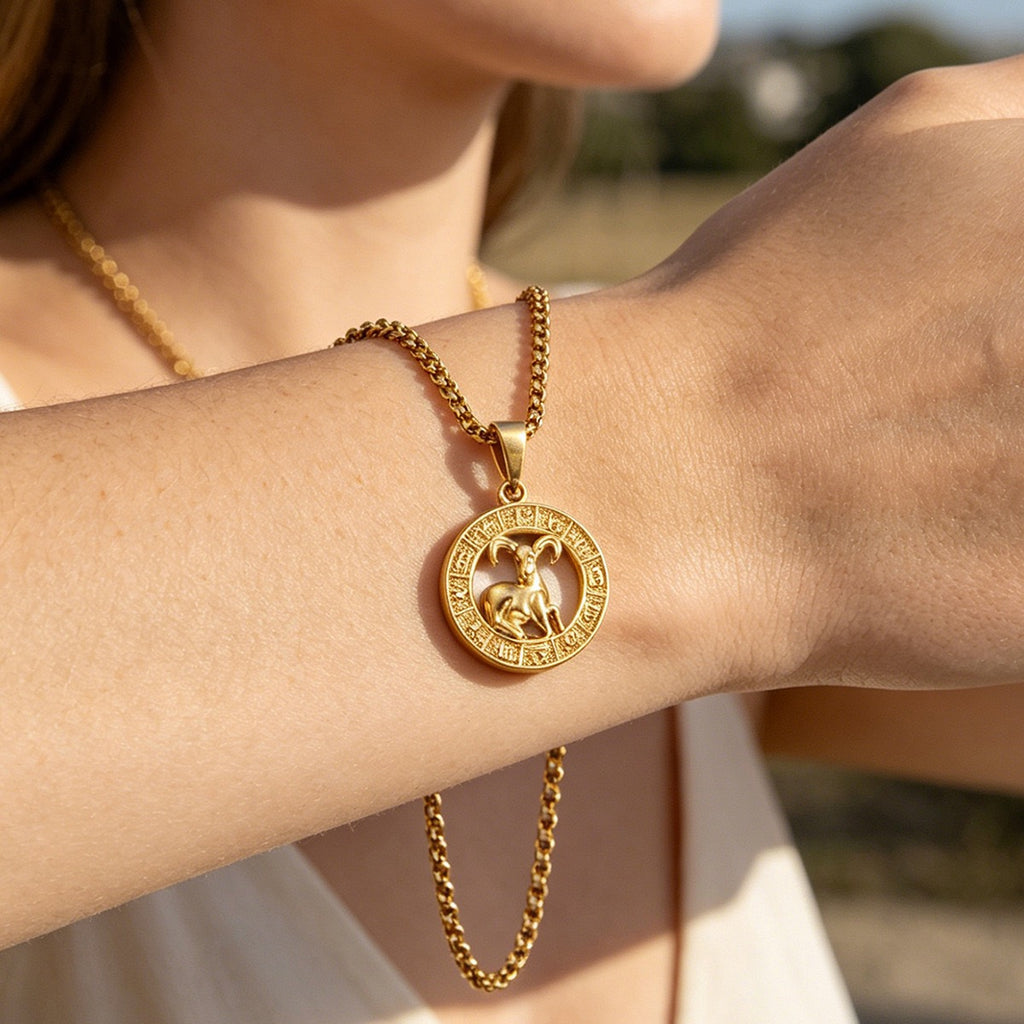 Gold Zodiac Constellation Pendant Necklace for Men Women, 12 Horoscope Sign Fashion Jewelry, Aries Leo Available
