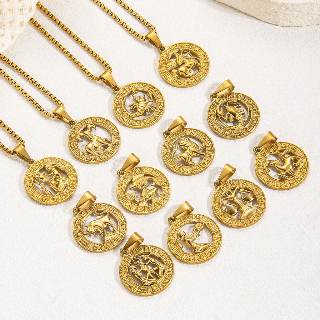 Gold Zodiac Constellation Pendant Necklace for Men Women, 12 Horoscope Sign Fashion Jewelry, Aries Leo Available