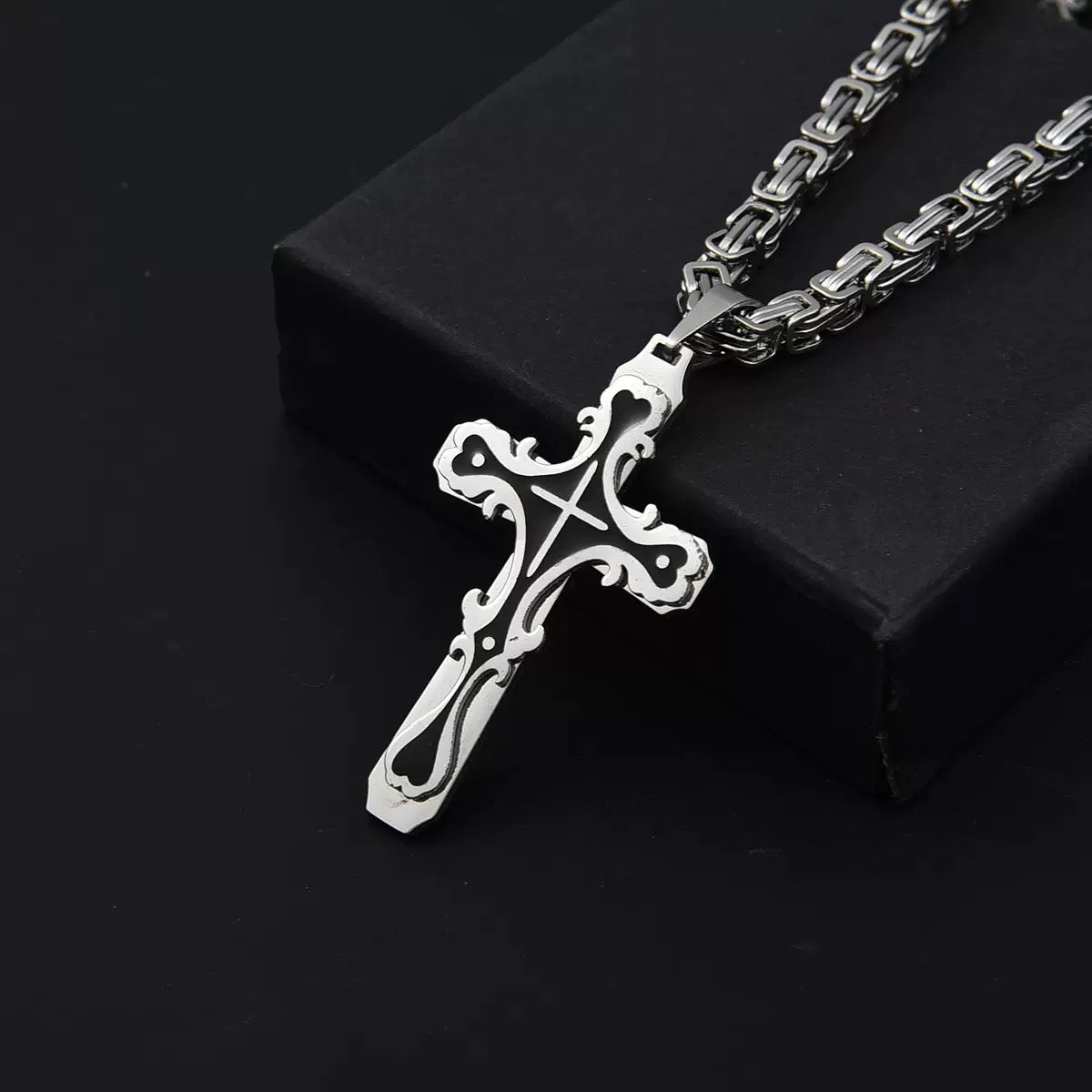 Men's Polished Stainless Steel Cross Pendant Necklace, Edgy Religious Style Accessory, Ideal for Streetwear and Daily Casual Wear