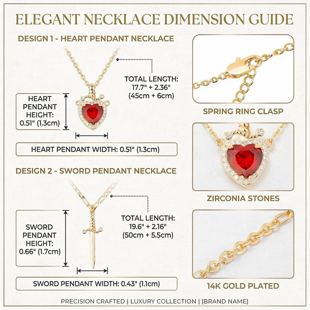 Dainty 14K Gold Plated Heart & Cross Dagger Pendant Necklace with Cubic Zirconia