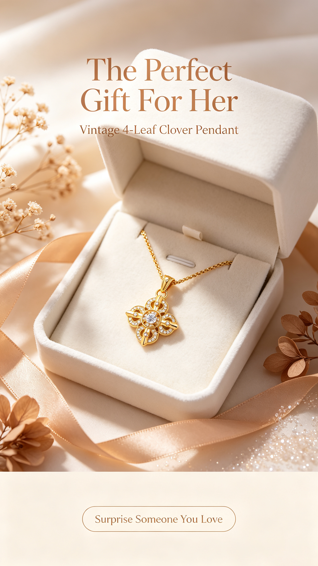 Hollow Four Leaf Clover Crystal Necklace, Gold Plated Sparkling Zircon Pendant Necklace, Unique Keepsake Jewelry Gift for Anniversary Birthday