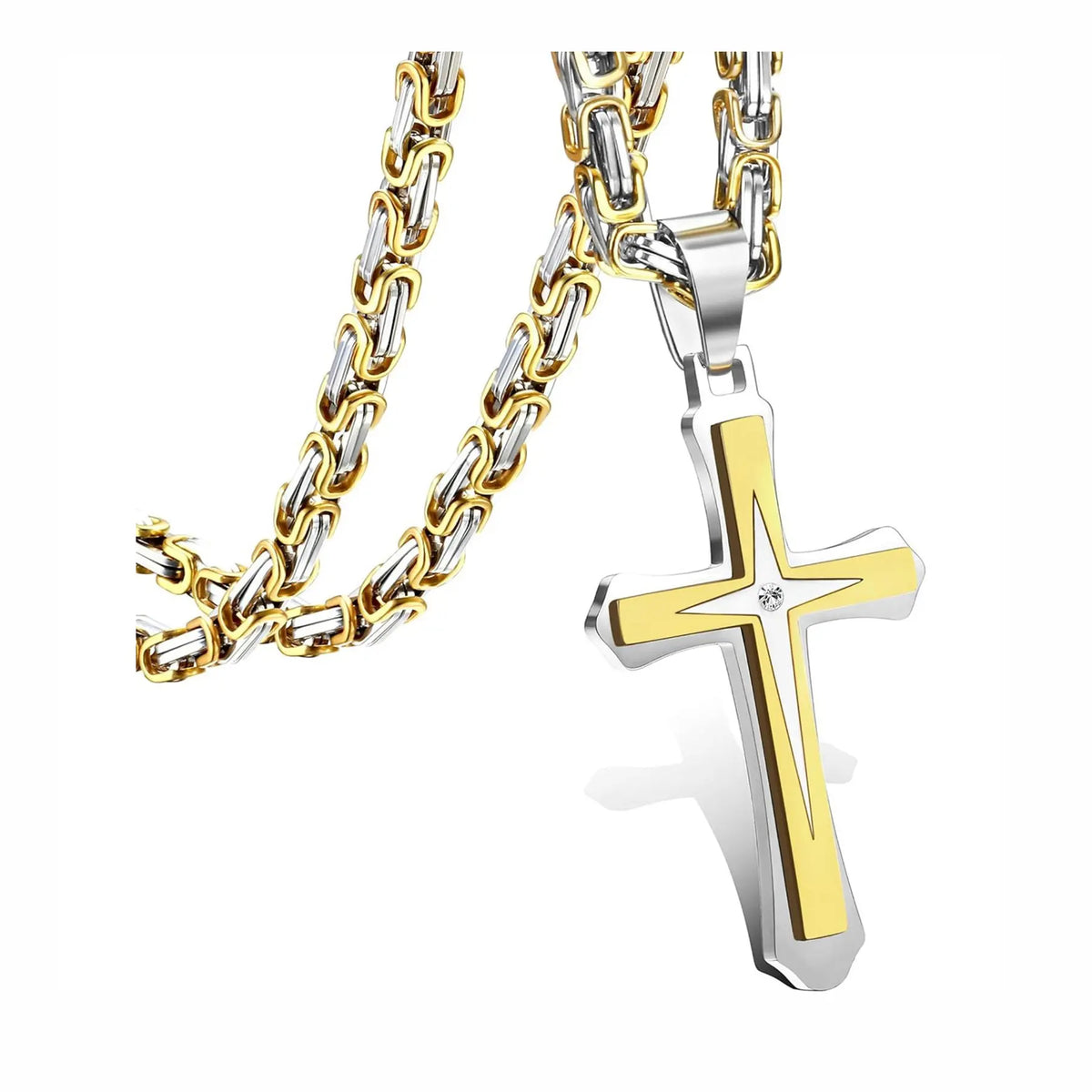 Men’s 14K Gold Plated Cross Pendant Necklace, 24 Inch Stainless Steel Byzantine Chain, Black Religious Jewelry Gift for Him