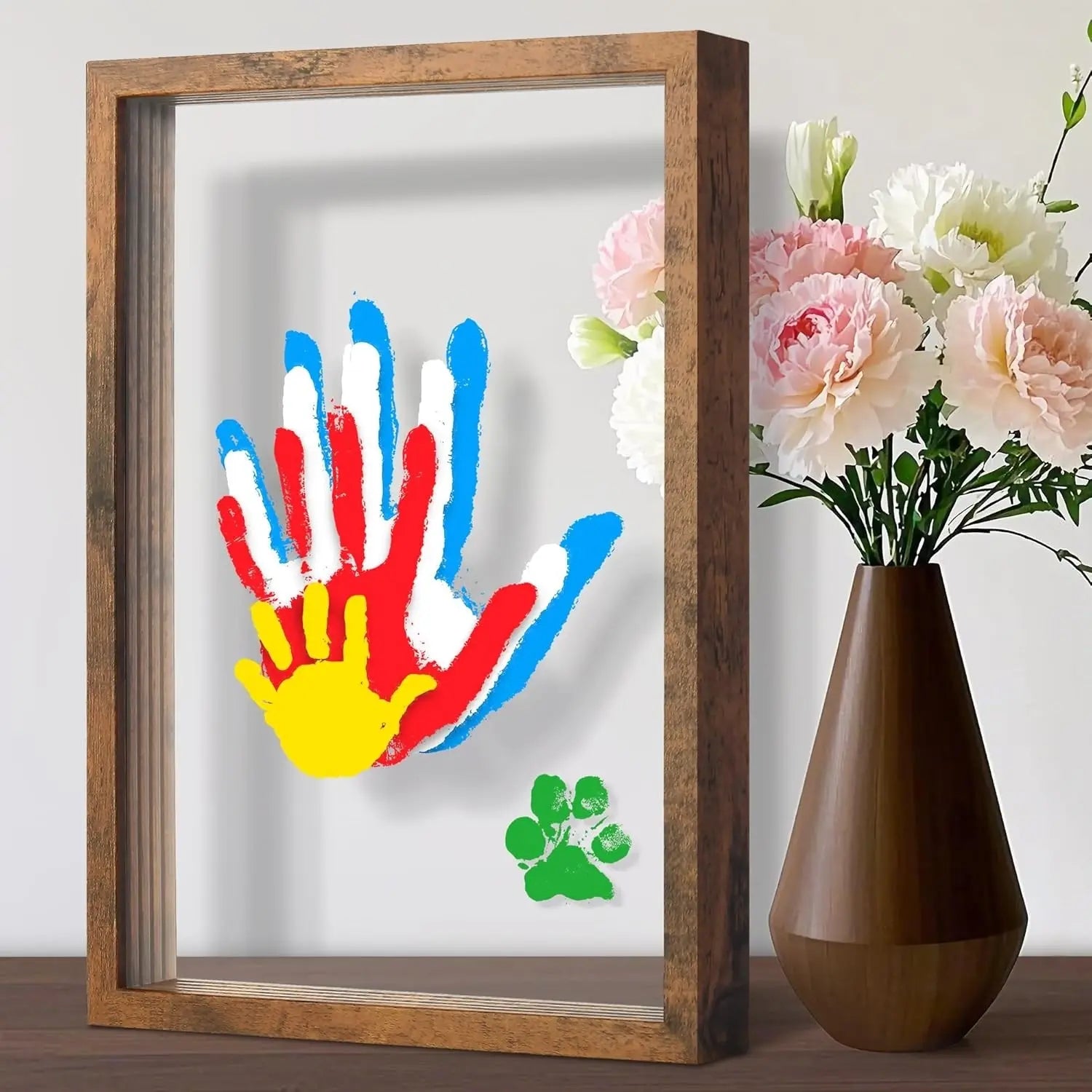 Wooden Transparent Handprint Frame Set, DIY Family Memorial Gift Kit, Acrylic Board, Colorful Paints, Holds Up to 4 Handprints