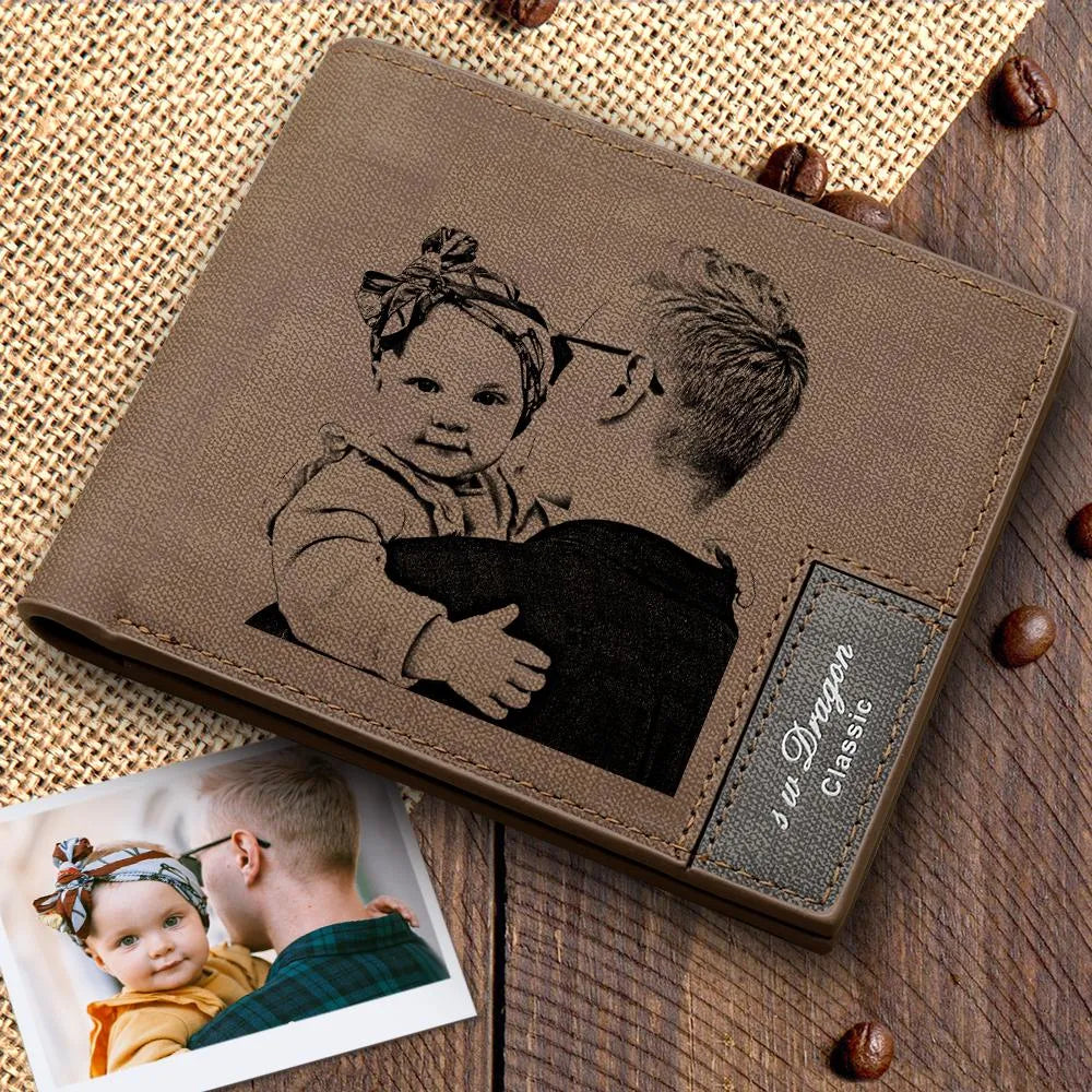 Custom Photo Engraved Genuine Leather Wallet for Men, Personalized Picture Purse Sentimental Gift for Dad, Grandpa & Friends