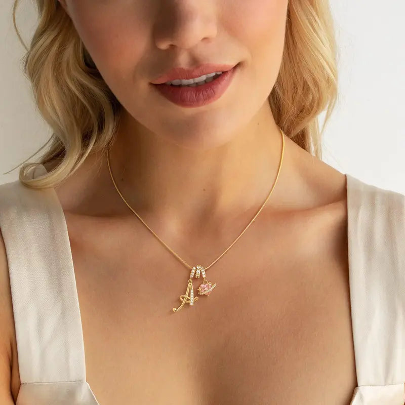 Personalized 3 Layered Initial Necklace for Women | 925 Sterling Silver Pink Heart CZ | Adjustable Snake Chain Choker | Custom Dainty Jewelry Gift