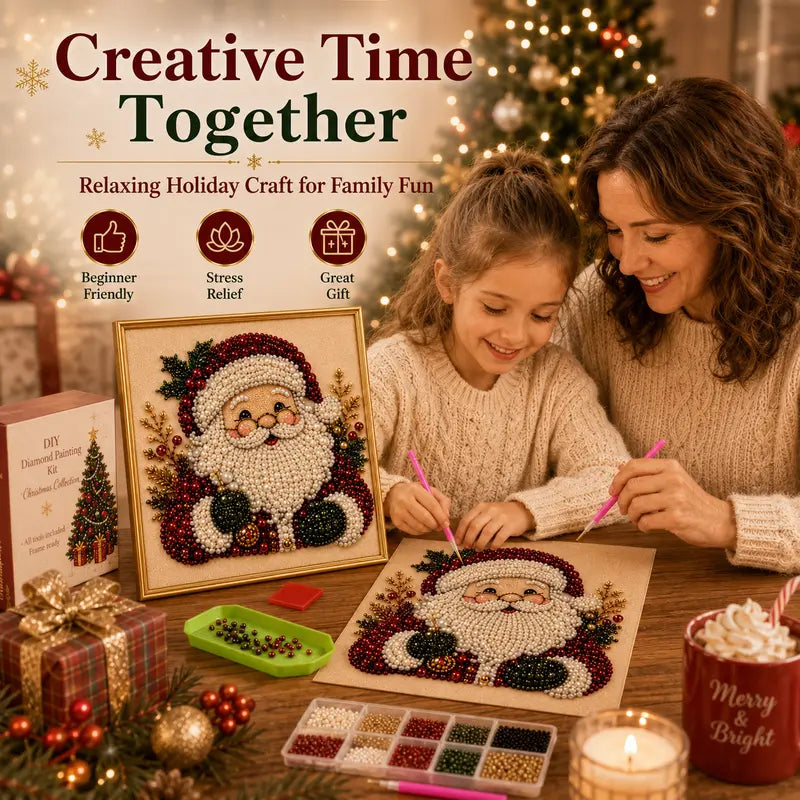 Frameless 3D Beaded Pearl Christmas Diamond Painting DIY Kit, Xmas Wreath Stocking Mosaic Art, Stress Relief Craft for Home Wall Decoration