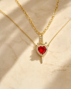 Dainty 14K Gold Plated Heart & Cross Dagger Pendant Necklace with Cubic Zirconia