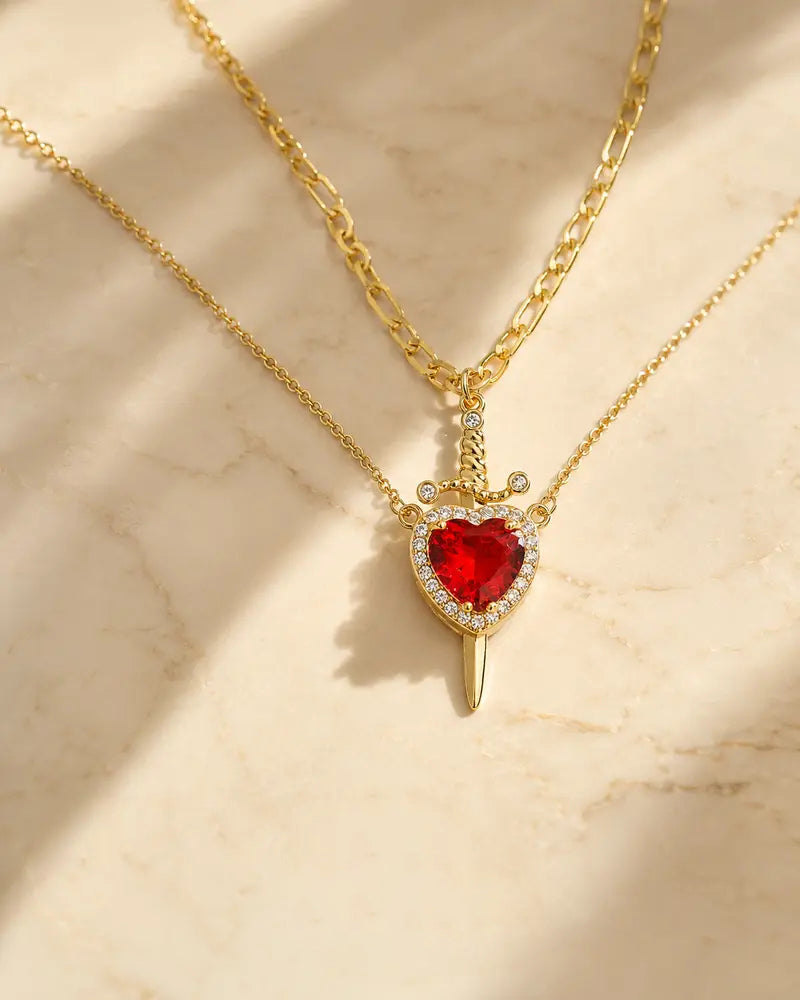 Dainty 14K Gold Plated Heart & Cross Dagger Pendant Necklace with Cubic Zirconia