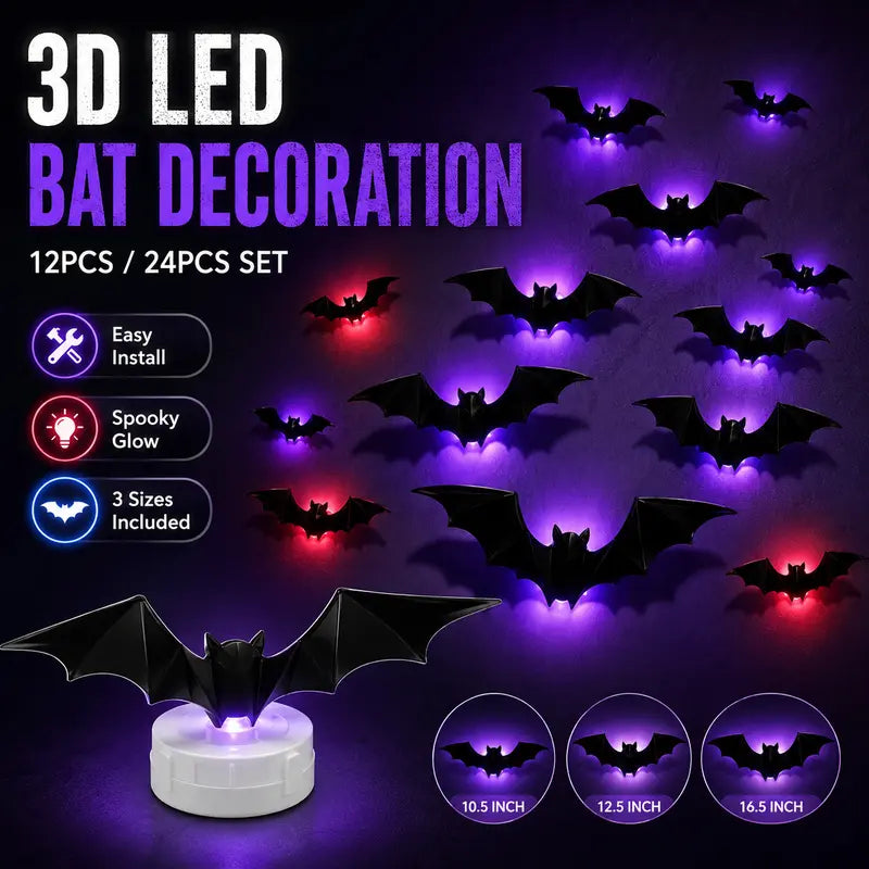 3D Bat LED Light Halloween Decorations, 12/24 Pack Spooky Glowing Ornaments, Bendable Bubble-Free Wall Stickers, Battery Powered Easy Install Indoor Decor for Home Party Window Door Festival