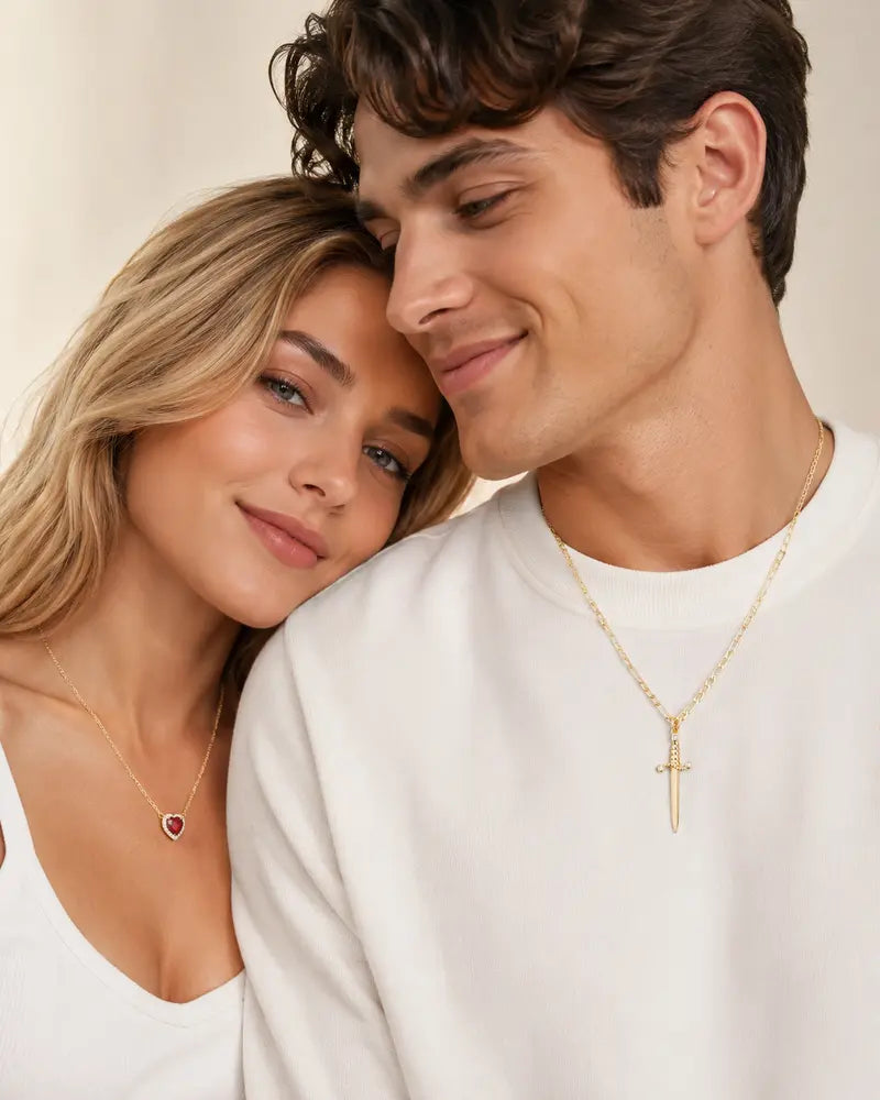 Dainty 14K Gold Plated Heart & Cross Dagger Pendant Necklace with Cubic Zirconia