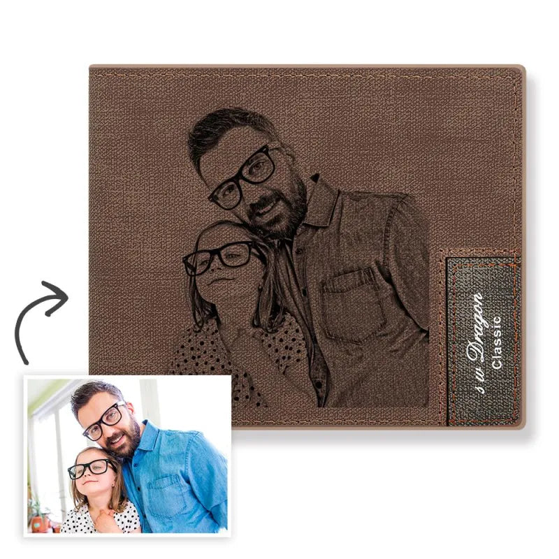 Custom Photo Engraved Genuine Leather Wallet for Men, Personalized Picture Purse Sentimental Gift for Dad, Grandpa & Friends
