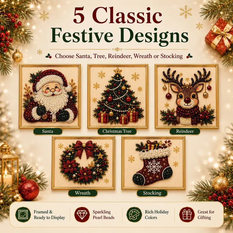 Frameless 3D Beaded Pearl Christmas Diamond Painting DIY Kit, Xmas Wreath Stocking Mosaic Art, Stress Relief Craft for Home Wall Decoration
