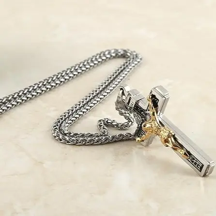 Men's Minimalist Engraved Faith Cross Necklace, Stainless Steel Durable Fashion Jewelry