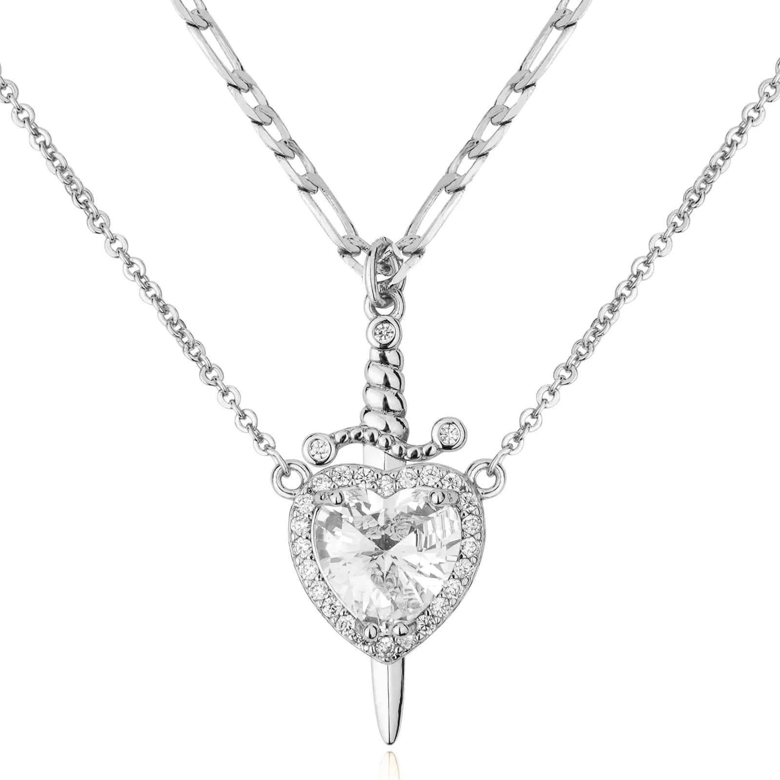 Dainty 14K Gold Plated Heart & Cross Dagger Pendant Necklace with Cubic Zirconia