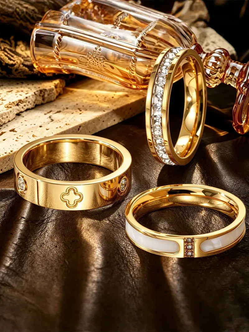 Luxury 18K Gold-Plated Sparkling 3-Ring Set | Multiple Sizes, Waterproof & Hypoallergenic, Perfect for Gifting & Daily Wear
