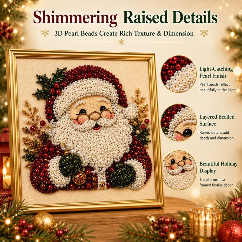 Frameless 3D Beaded Pearl Christmas Diamond Painting DIY Kit, Xmas Wreath Stocking Mosaic Art, Stress Relief Craft for Home Wall Decoration