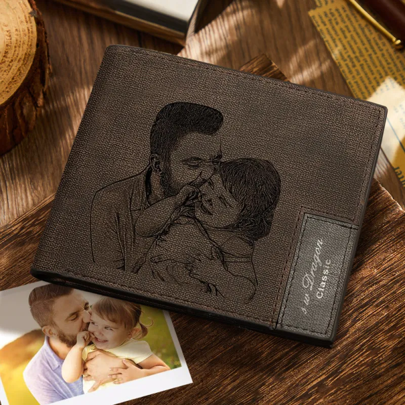 Custom Photo Engraved Genuine Leather Wallet for Men, Personalized Picture Purse Sentimental Gift for Dad, Grandpa & Friends
