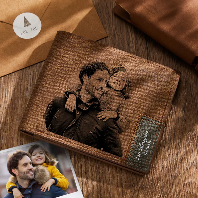 Custom Photo Engraved Genuine Leather Wallet for Men, Personalized Picture Purse Sentimental Gift for Dad, Grandpa & Friends