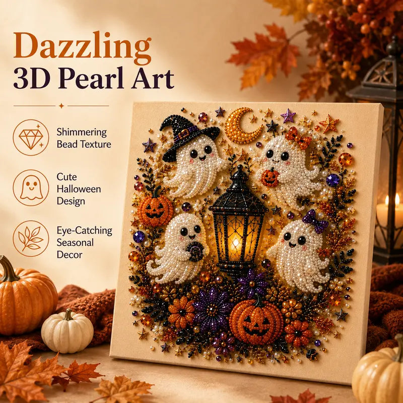 8x8 Inch Spooky Cute Ghost 3D Pearl Diamond Painting DIY Kit, No-Light Fall Handicraft Set, Indoor Wall Art Home Decor & Holiday Party Gift