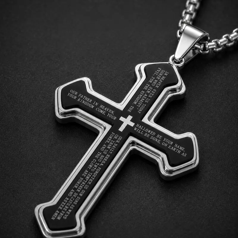 Men's Engraved Bible Verse Cross Necklace, Rust-Proof Stainless Steel Religious Jewelry, Durable Casual Accessory Birthday Gift for Him