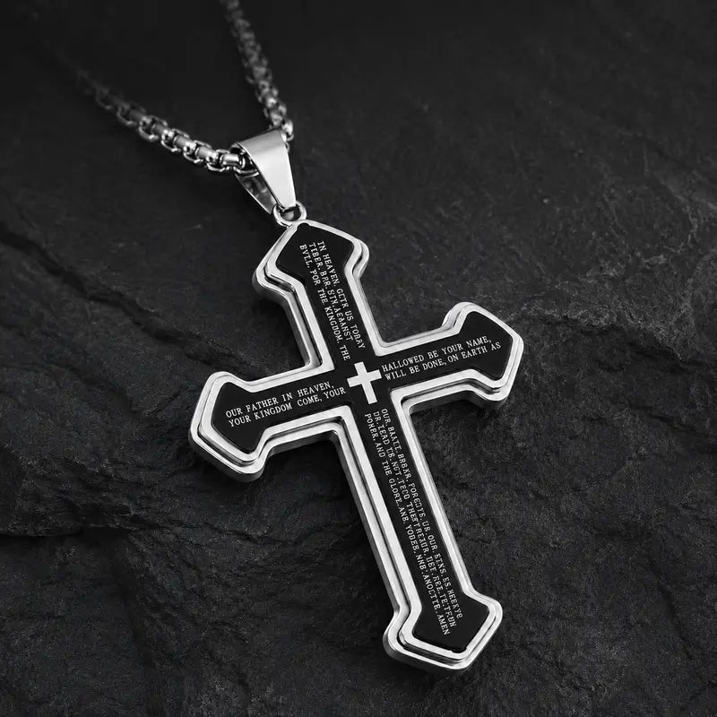 Men's Engraved Bible Verse Cross Necklace, Rust-Proof Stainless Steel Religious Jewelry, Durable Casual Accessory Birthday Gift for Him