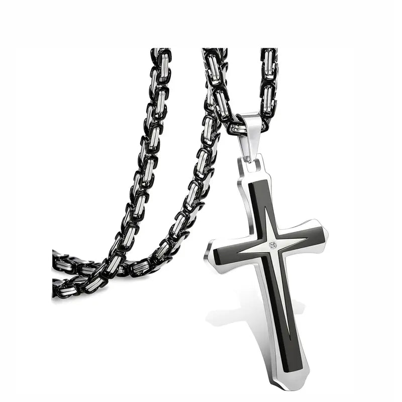 Men’s 14K Gold Plated Cross Pendant Necklace, 24 Inch Stainless Steel Byzantine Chain, Black Religious Jewelry Gift for Him