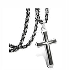 Men’s 14K Gold Plated Cross Pendant Necklace, 24 Inch Stainless Steel Byzantine Chain, Black Religious Jewelry Gift for Him