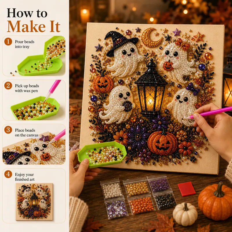 8x8 Inch Spooky Cute Ghost 3D Pearl Diamond Painting DIY Kit, No-Light Fall Handicraft Set, Indoor Wall Art Home Decor & Holiday Party Gift