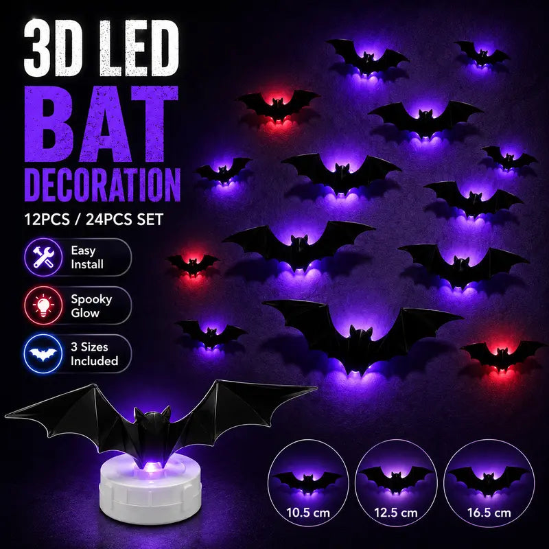 3D Bat LED Light Halloween Decorations, 12/24 Pack Spooky Glowing Ornaments, Bendable Bubble-Free Wall Stickers, Battery Powered Easy Install Indoor Decor for Home Party Window Door Festival