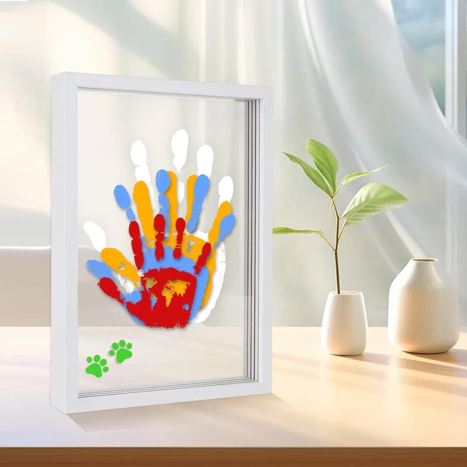 Wooden Transparent Handprint Frame Set, DIY Family Memorial Gift Kit, Acrylic Board, Colorful Paints, Holds Up to 4 Handprints