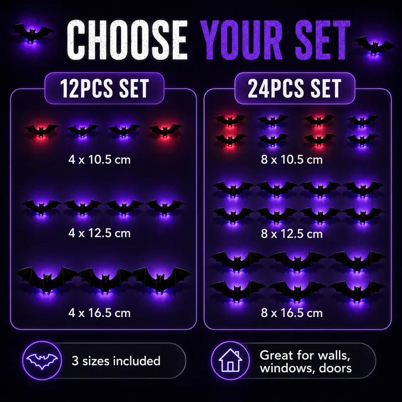 3D Bat LED Light Halloween Decorations, 12/24 Pack Spooky Glowing Ornaments, Bendable Bubble-Free Wall Stickers, Battery Powered Easy Install Indoor Decor for Home Party Window Door Festival