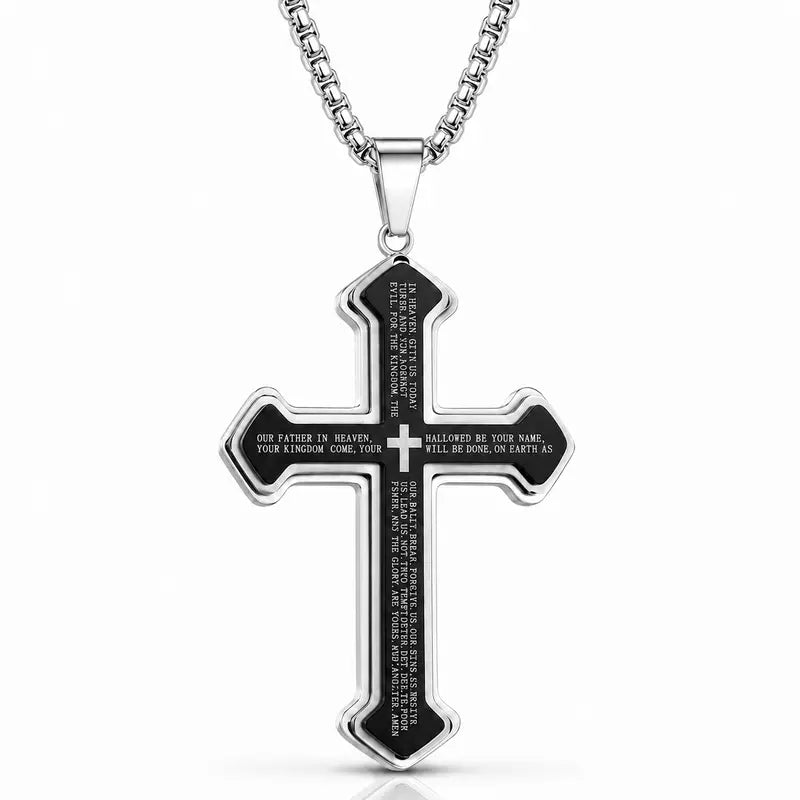 Men's Engraved Bible Verse Cross Necklace, Rust-Proof Stainless Steel Religious Jewelry, Durable Casual Accessory Birthday Gift for Him