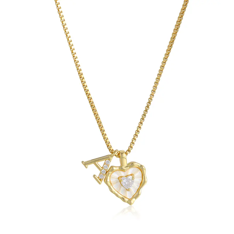 Gold Box Chain Scalloped Shell Heart CZ Initial Necklace, A-Z Micro Pave Letter Pendant, Valentine's Day Gift